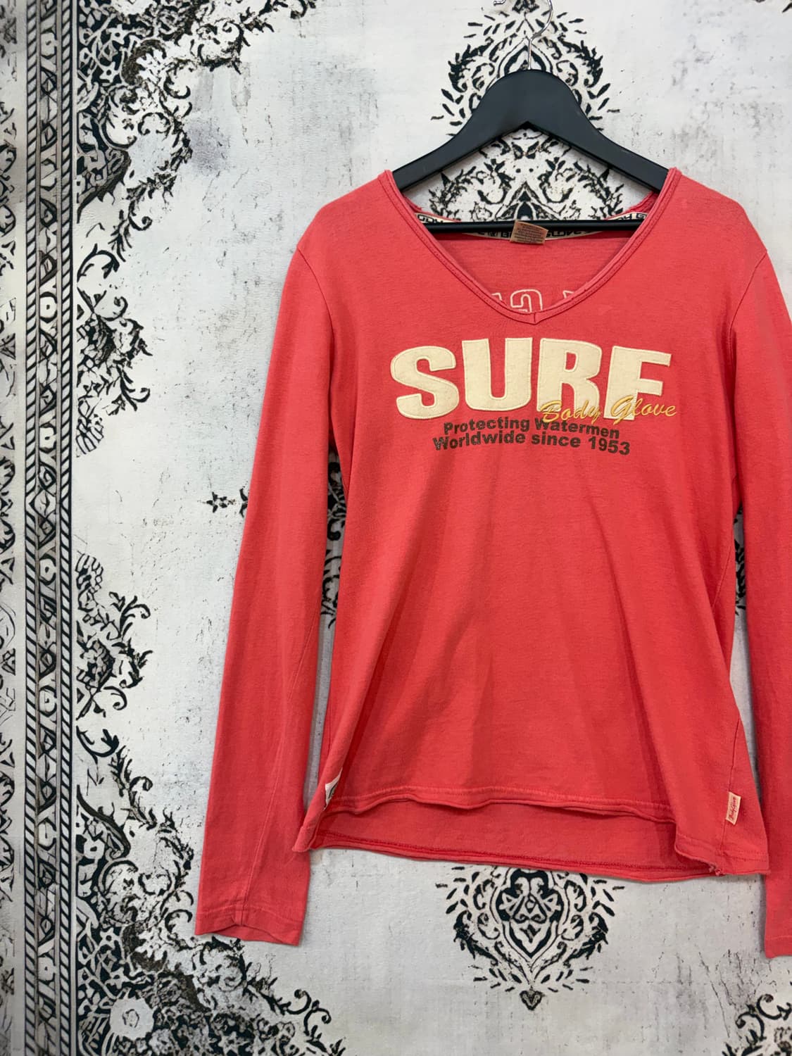 일본빈티지 body glove 키치 핀터깔 핑크브이넥 롱슬이브 상품이미지5