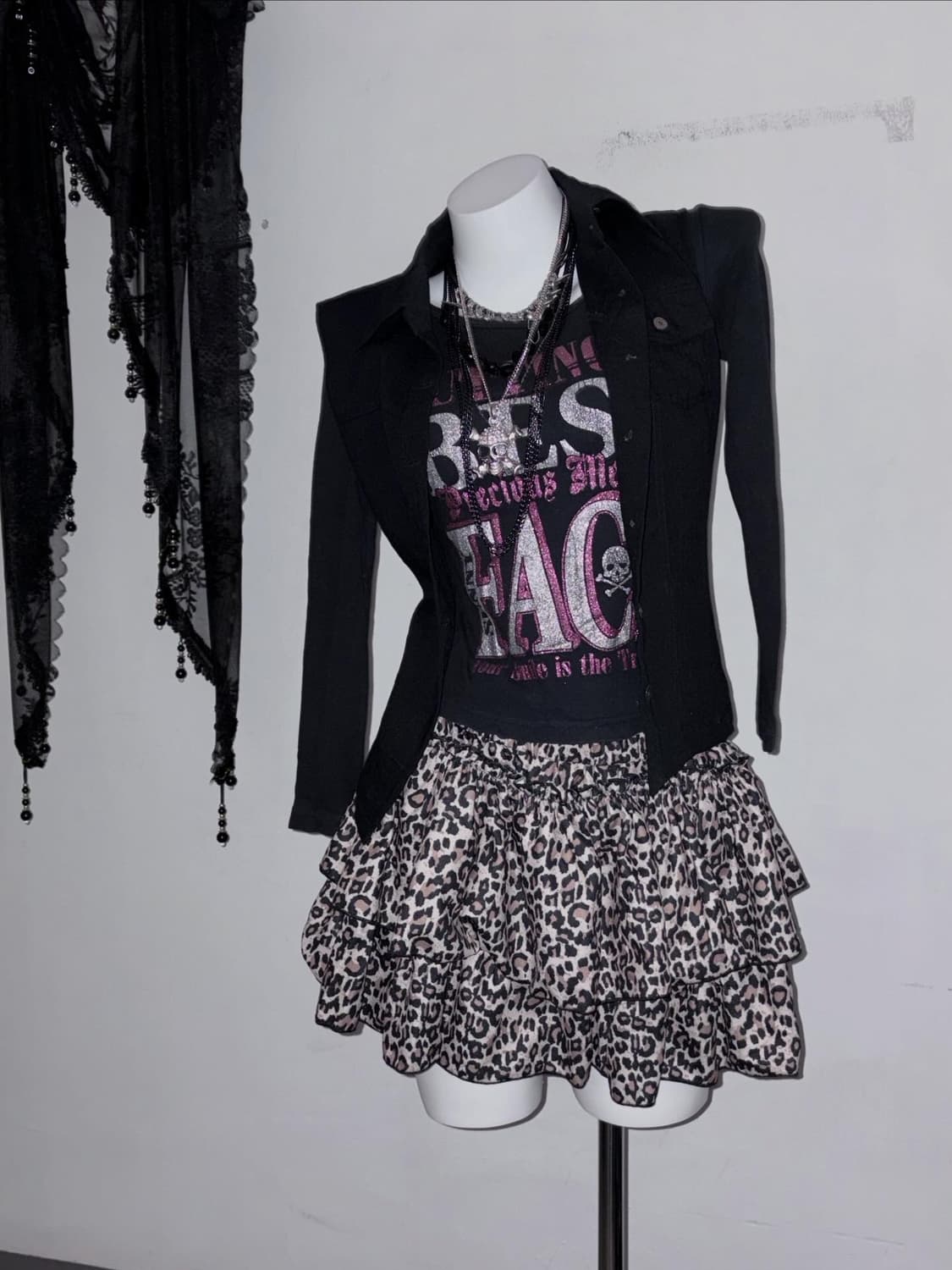 갸루펑크 3피스 저렴코디세트 💀🎀 해골 핫핑크 글리터 00s 걀펑 상품이미지1