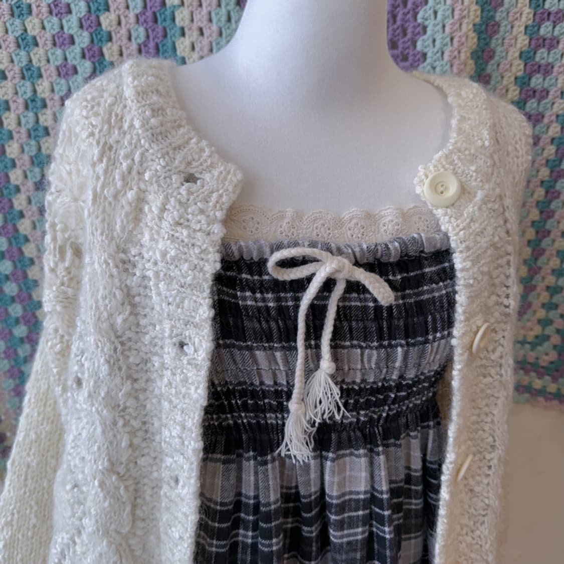 빈티지 니트 패치 체크 스커트 원피스 상품이미지3