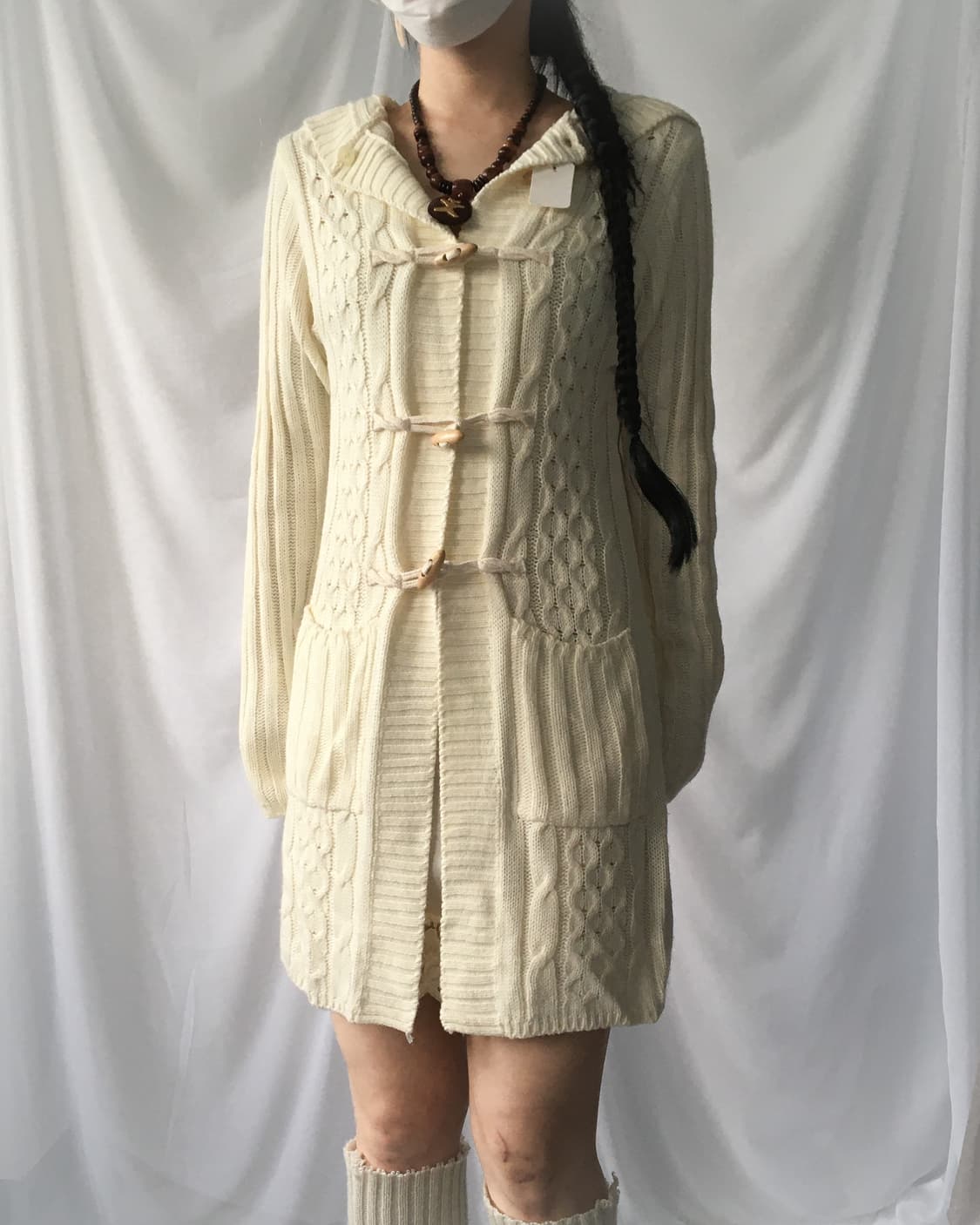 Duffle button cable pattern hood cardiga 상품이미지7