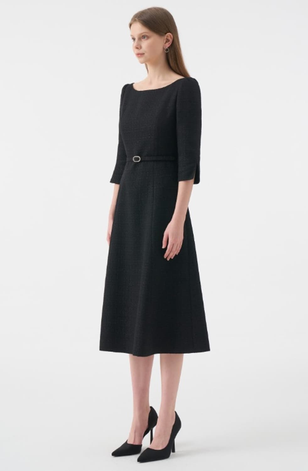 ame 엠므 보트넥 트위드 벨트원피스 블랙(새상품/정가 328,000원 상품이미지6