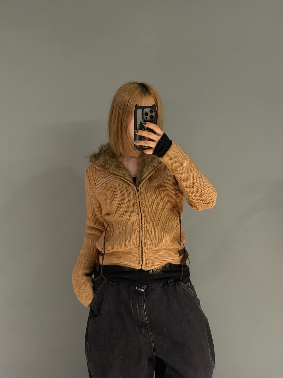 fur trimming point knit hood zip-up  상품이미지3