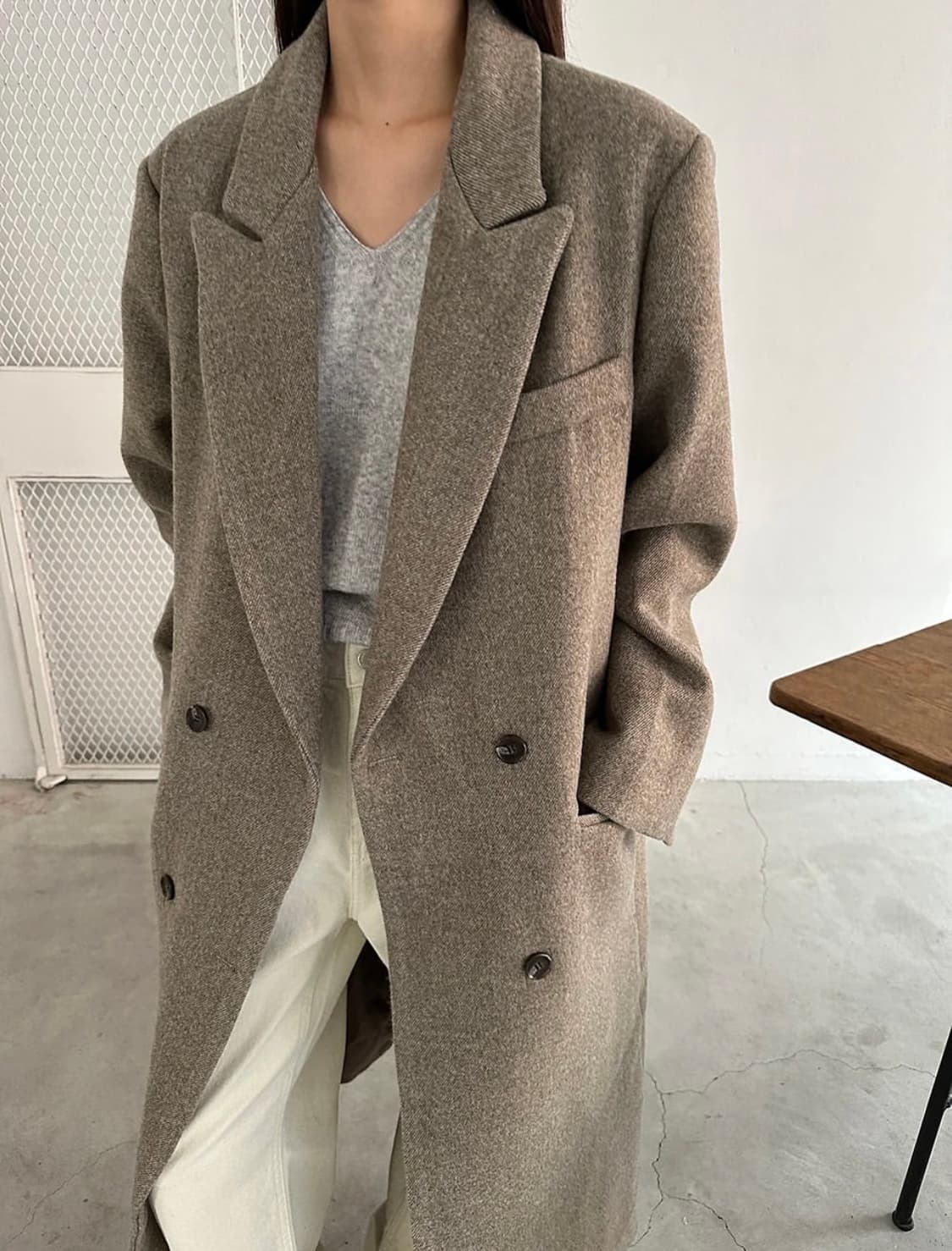 하운드체크 베이지 브라운 맥시 롱코트 상품이미지1