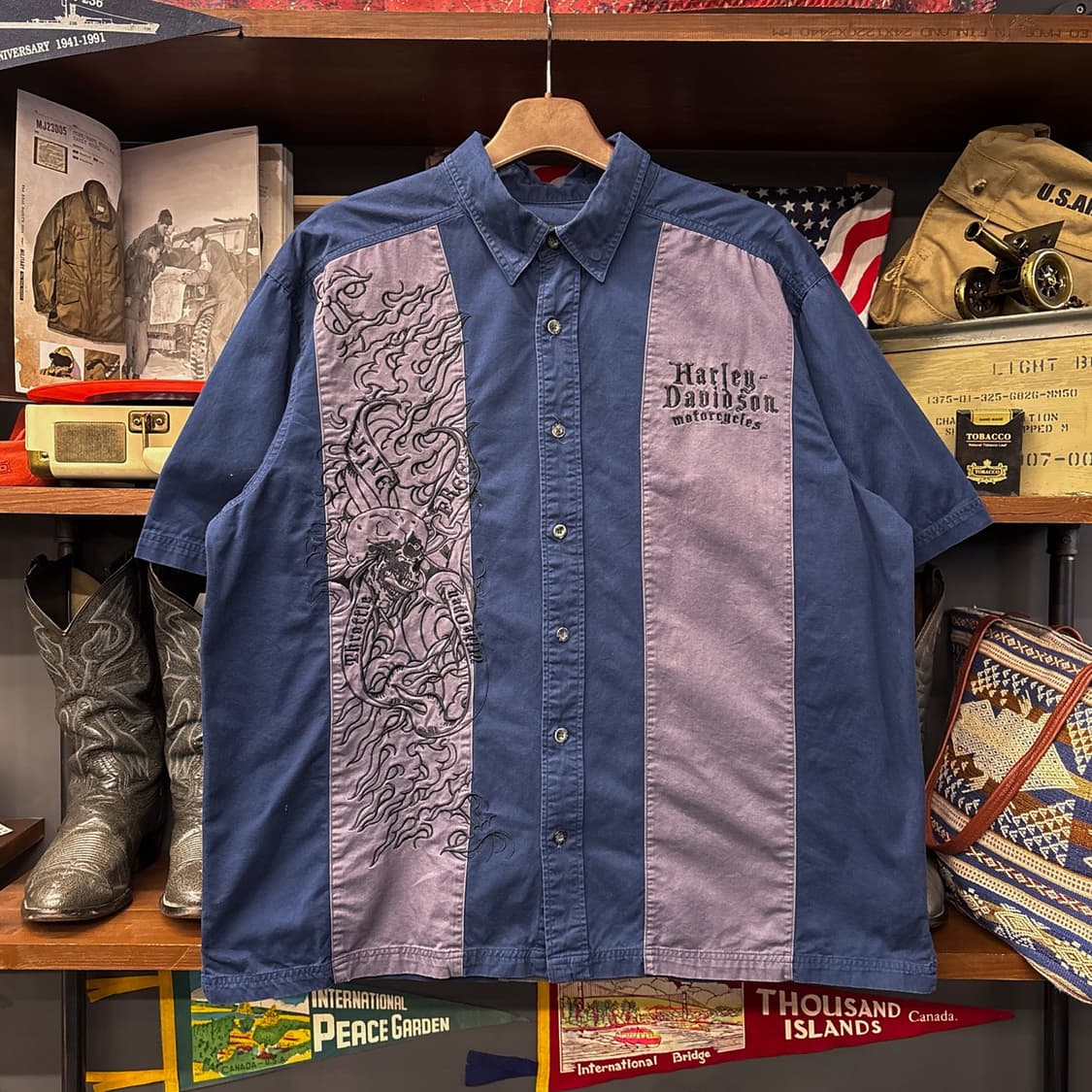 할리데이비슨 스컬플레임 고딕 레터링 엠브로이드 반팔셔츠 N1364 상품이미지1