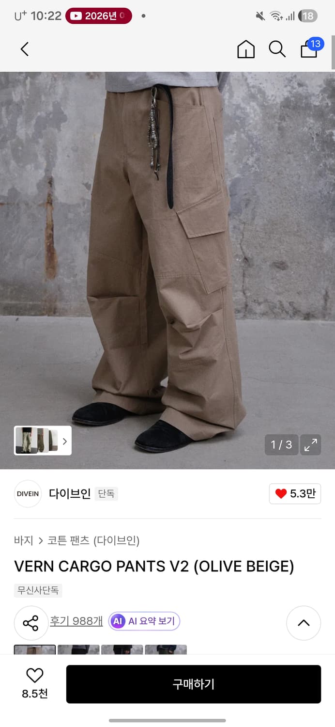 다이브인 베른 카고 팬츠 올리브 베이지 2사이즈 상품이미지1