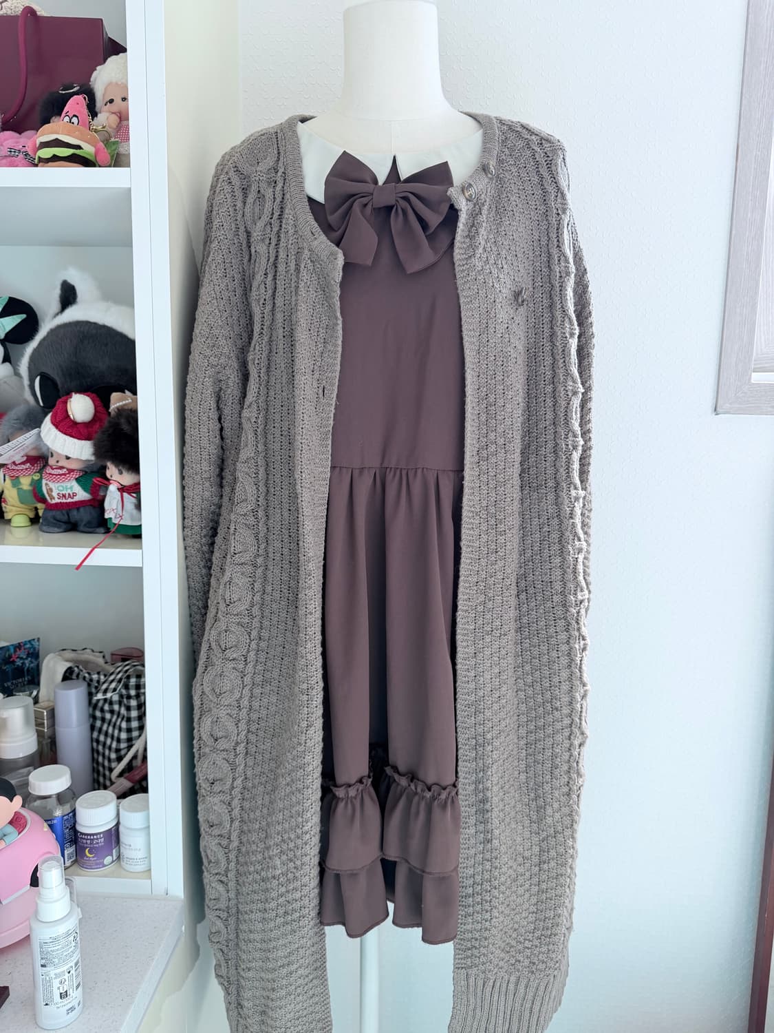 초코소보루빵 생각나는 빈티지 니트 가디건 & 원피스 세트 상품이미지1