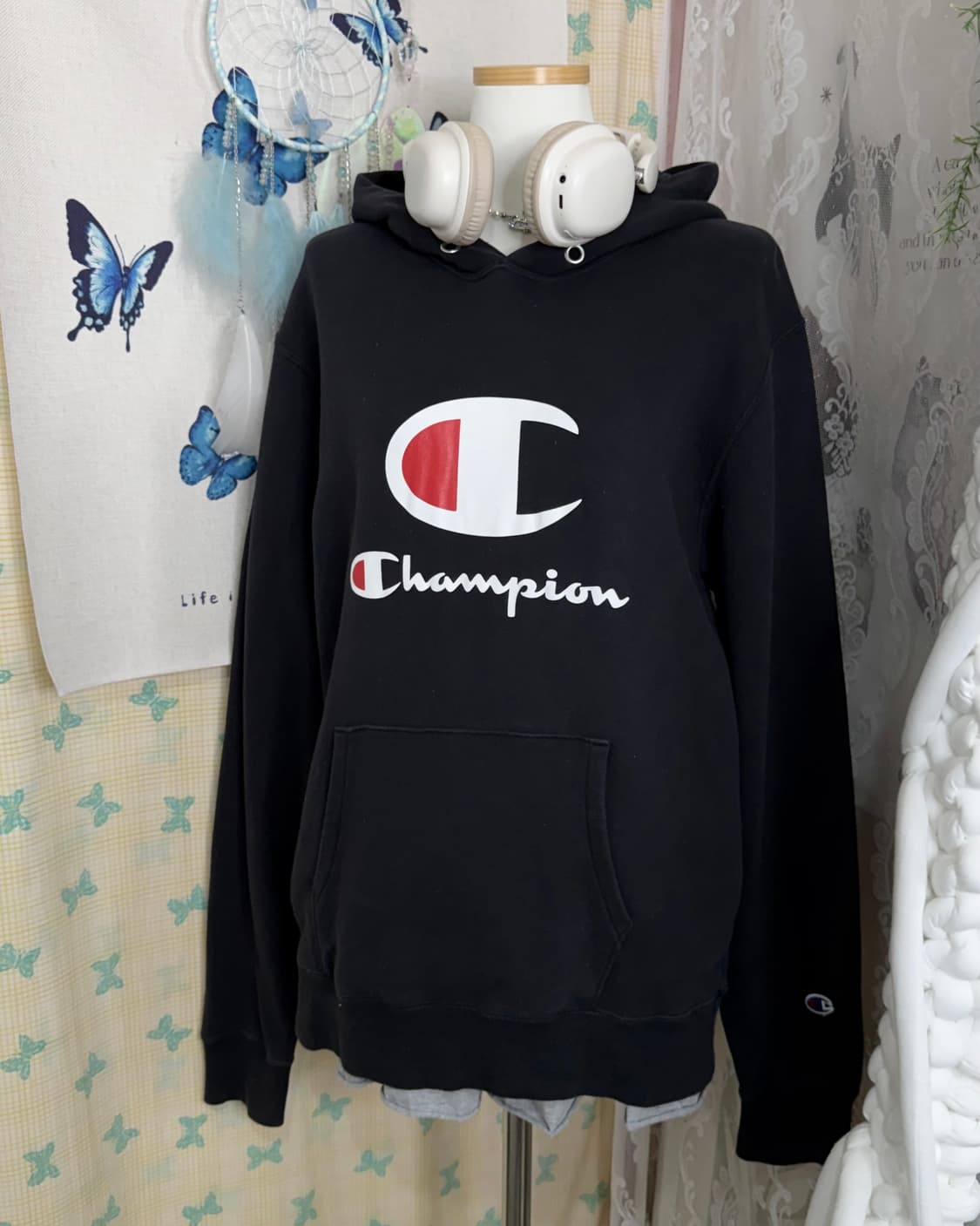 챔피온 블랙 오버핏 후드 티셔츠 상품이미지6