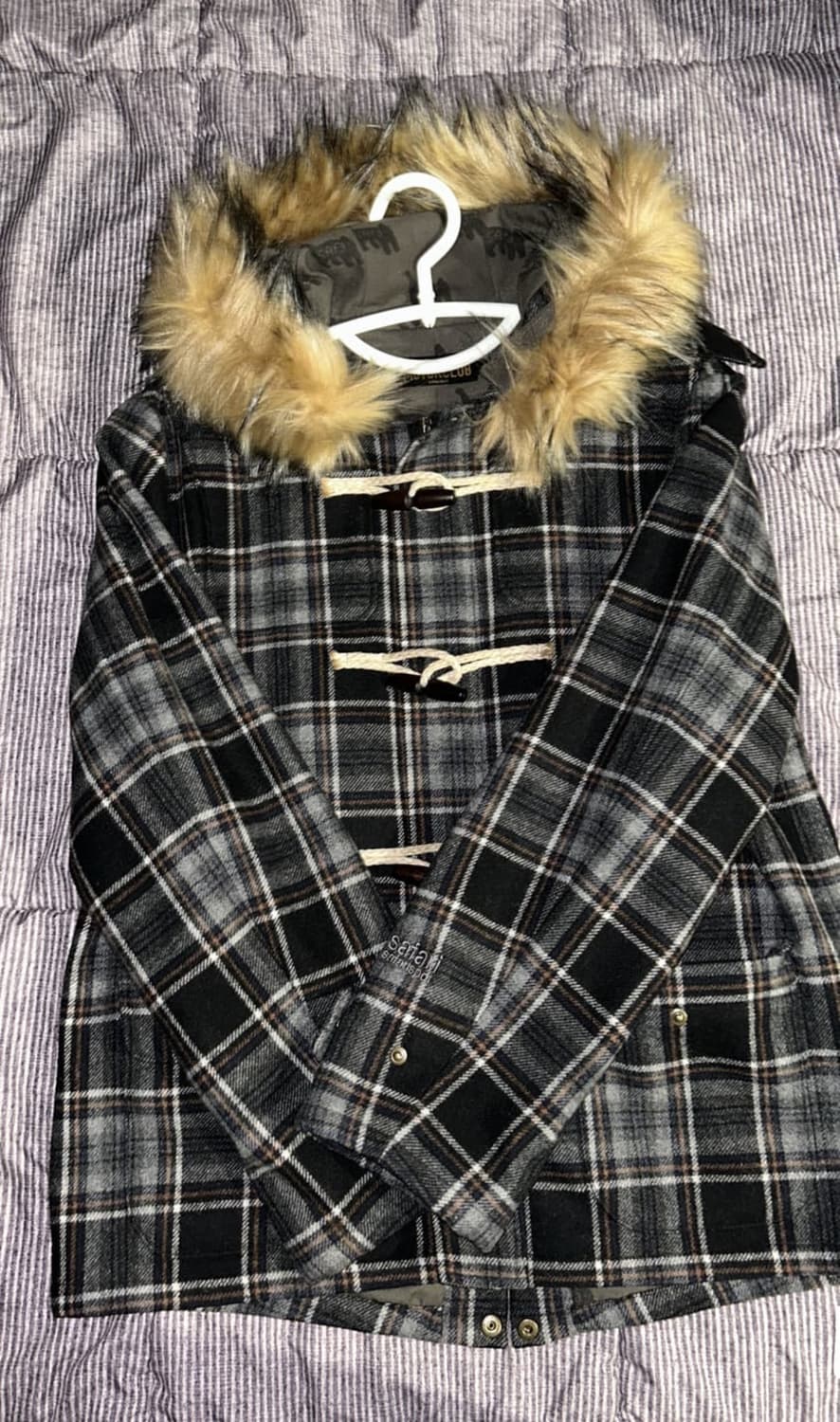 Safarispot 페이크 퍼 체크 더플 코트 상품이미지3