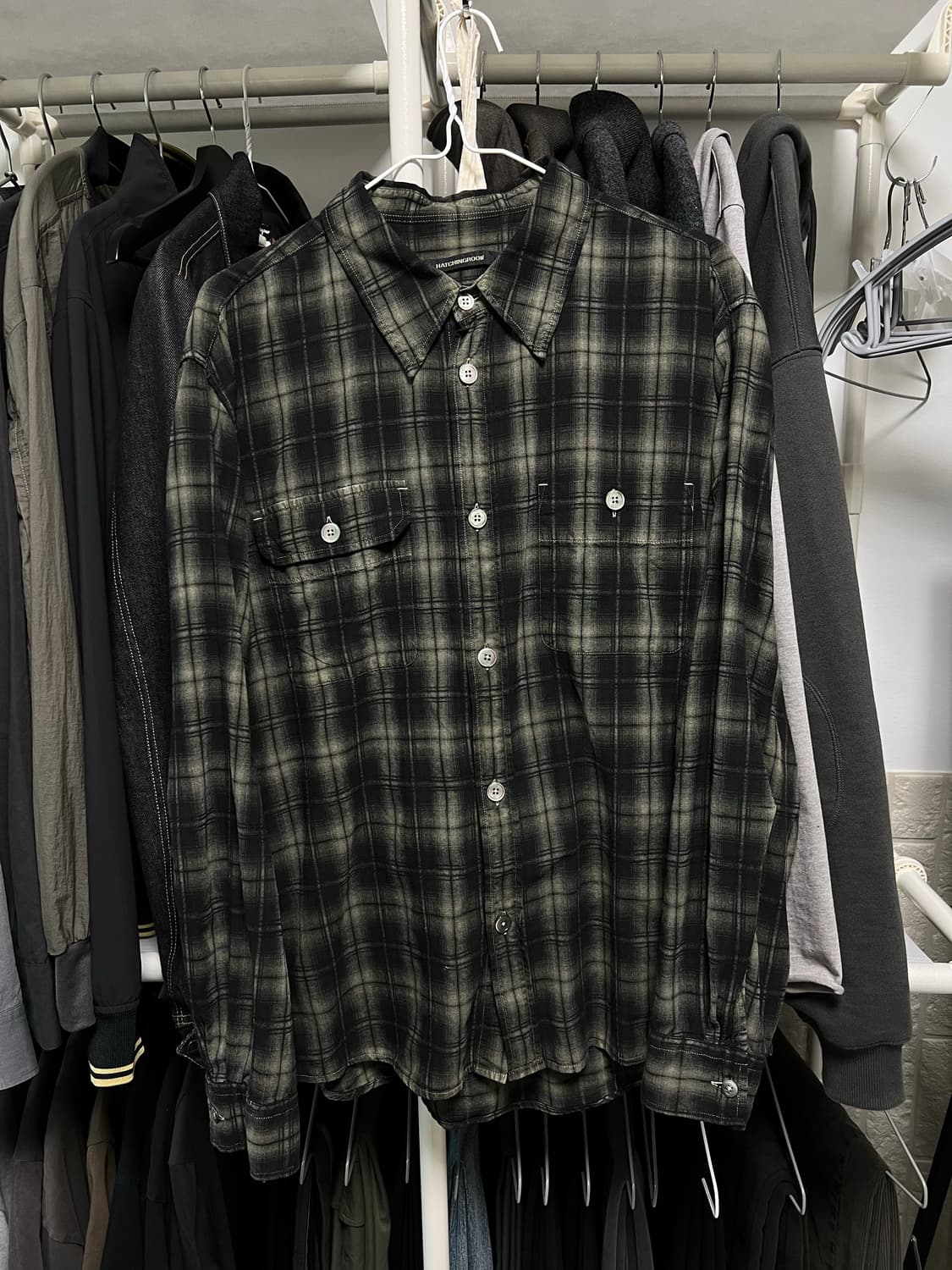 [3] 해칭룸 2PK 셔츠 롱 오버 다이드 체크 다크 카키 상품이미지1