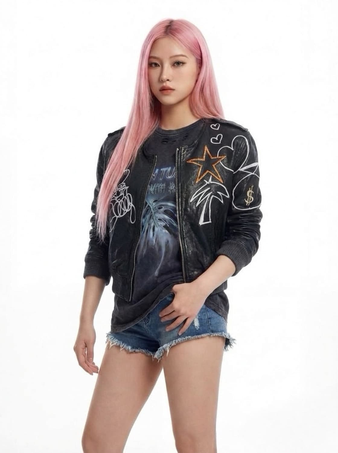 Skoloct  페인티드 여성 크롭 양가죽 바이커자캣 상품이미지1