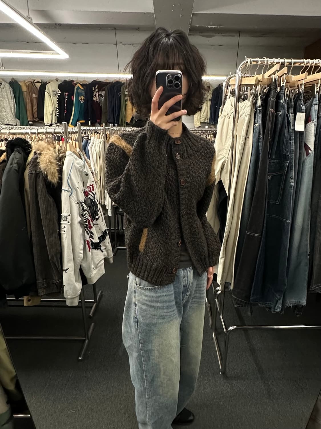 OS)Japanese vintage 울 배색 니트 가디건 상품이미지1