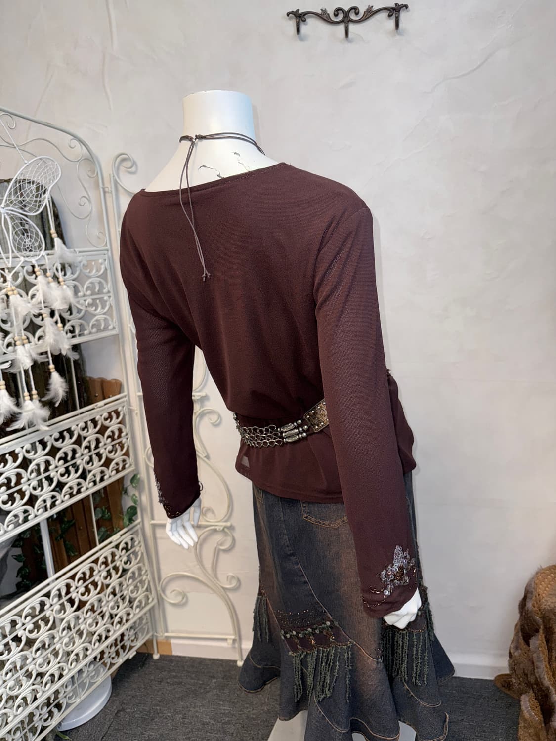 Dark brown fairy spangled flower blouse 상품이미지6