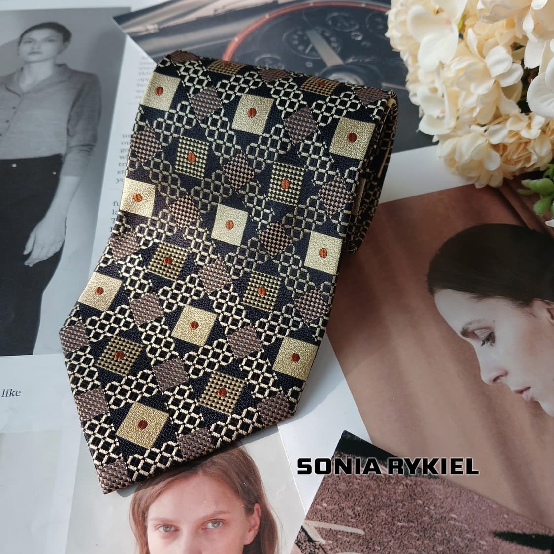 소니아 리키엘 실크 블랙 패턴 넥타이 9.4cm A+등급 A19749 상품이미지2