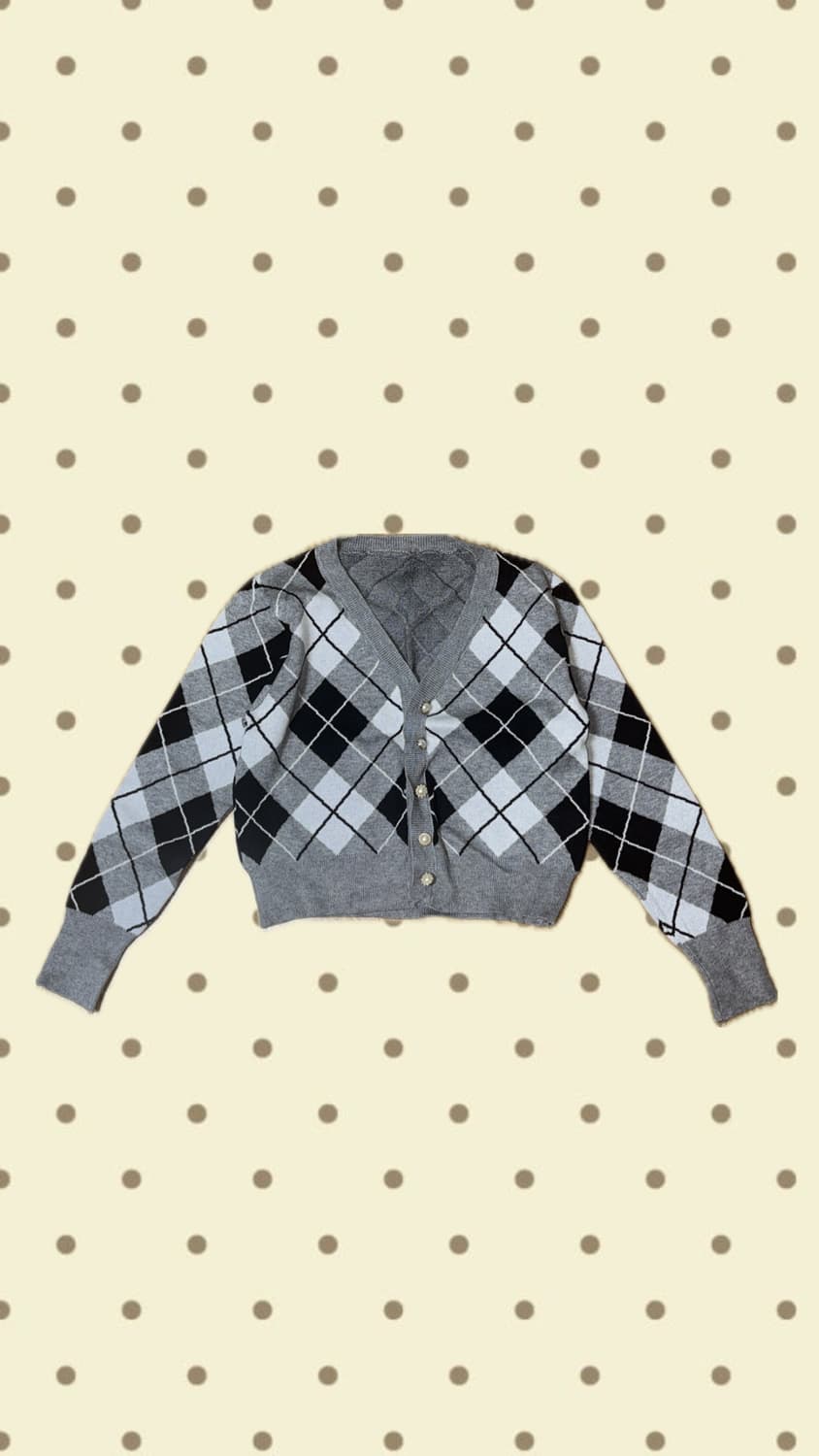 빈티지 그레이 아가일 패턴 진주 가디건 상품이미지1