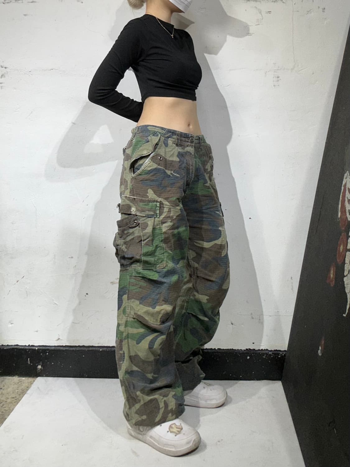 빈티지 카키 와이드 립스타 밀리터리 카고 팬츠   상품이미지1