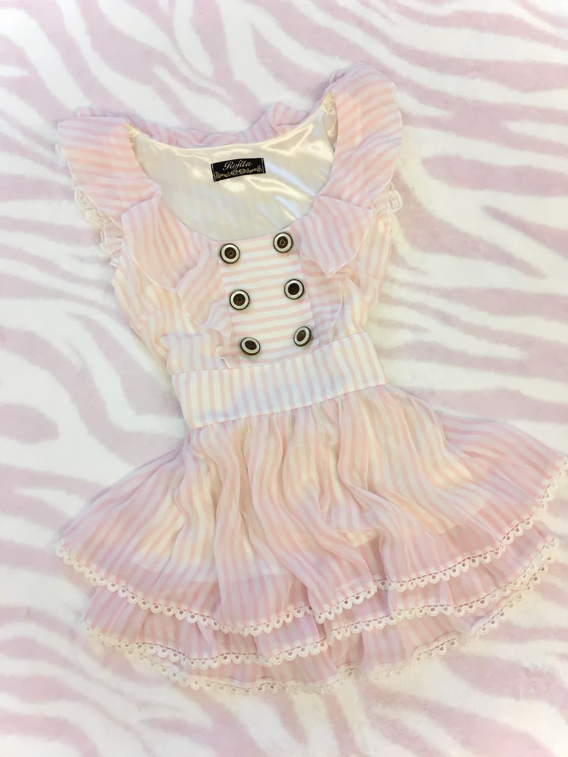 로지타 핑크 스트라이프 버튼 쉬폰 프릴 원피스 히메갸루 러블리 헤이세이 상품이미지3