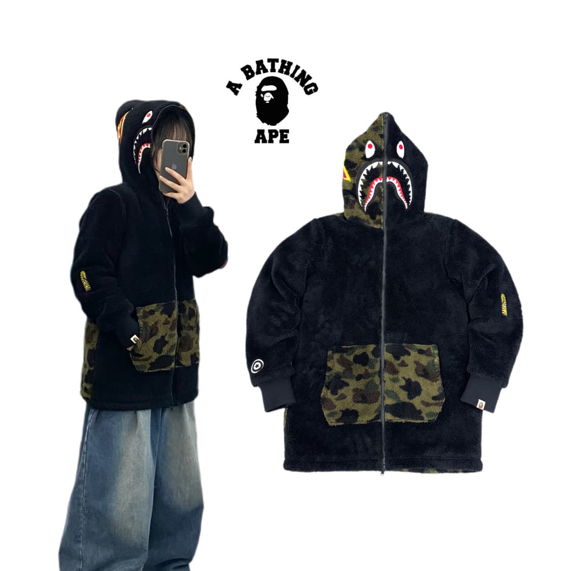 베이프 샤크 후드집업 풀집 보아털 플리스 자켓 상품이미지1
