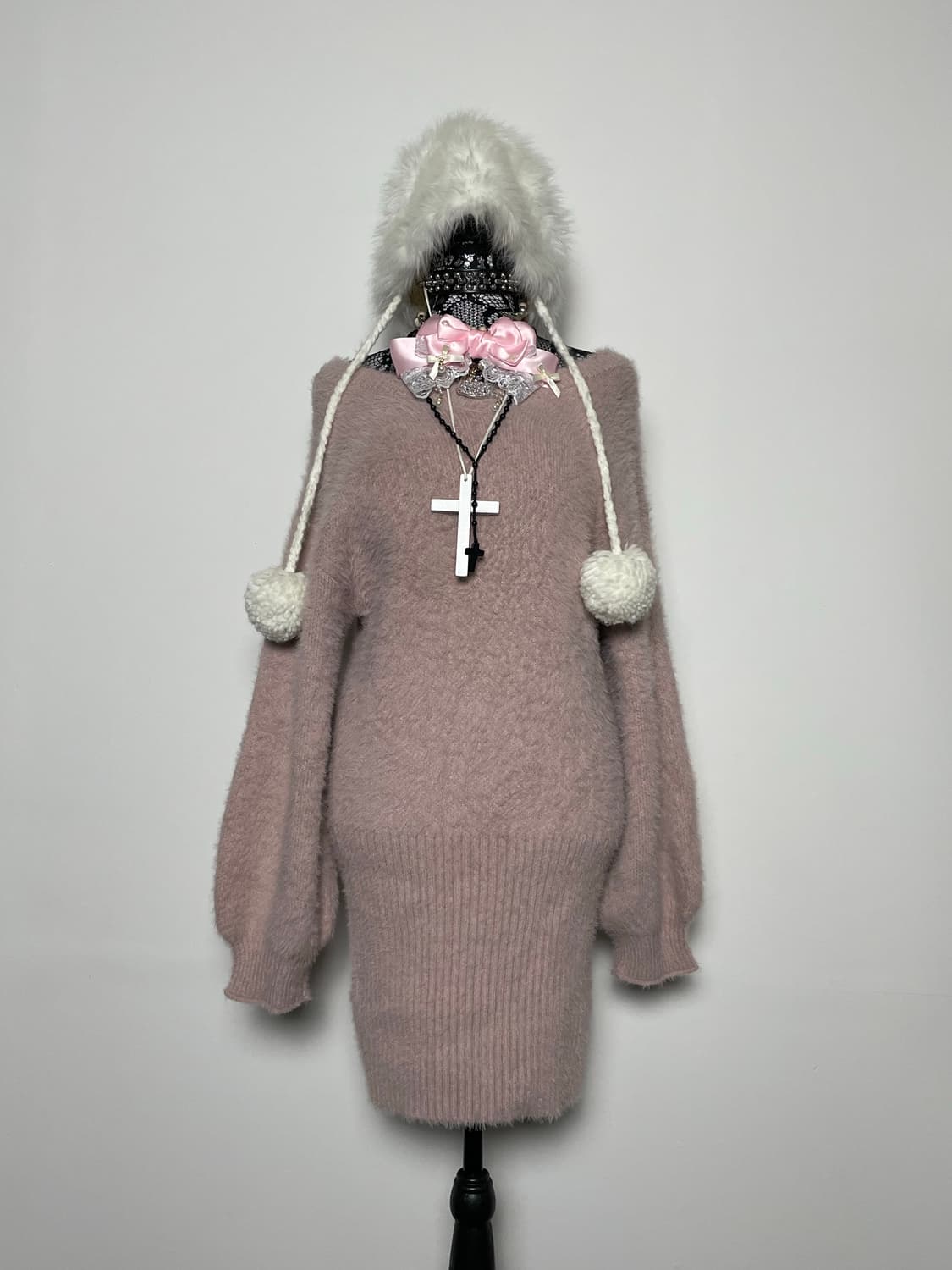 Jpn 핑크 히메갸루 오프숄더 퍼 니트 상품이미지5