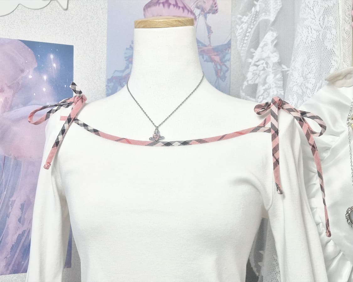 버버리 블루라벨 핑크 노바체크 리본 옾숄 라운드 넥 히메갸루 오네갸루 탑 상품이미지2