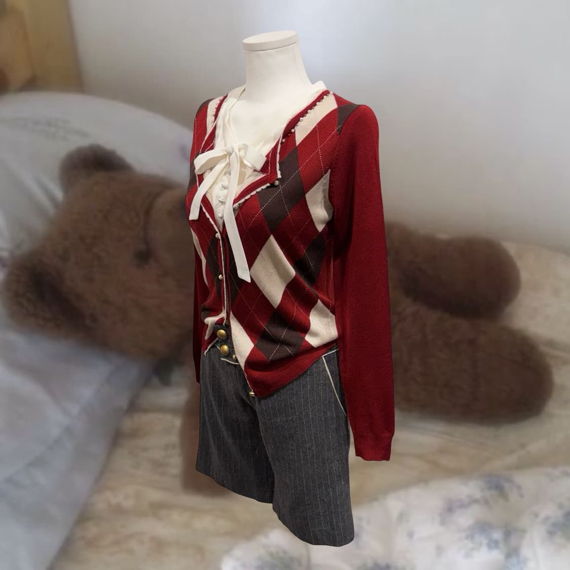 빈티지 y2k 하이틴 버건디 아가일 니트 가디건 상품이미지3