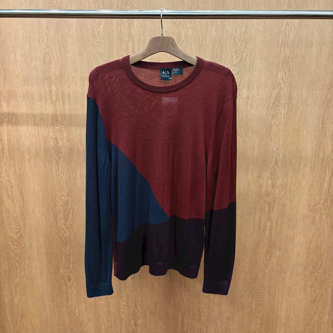 아르마니 익스체인지 라운드넥 울 긴팔 니트 배색 디테일 레귤러핏 와인 상품이미지2