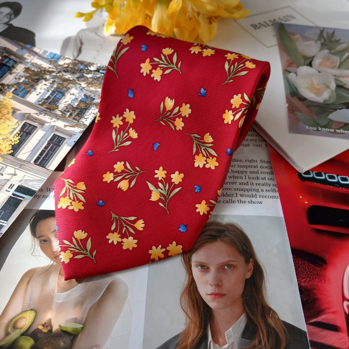 피에르 발망 레드 플라워 패턴 넥타이 9.9cm A등급 A19707 상품이미지2