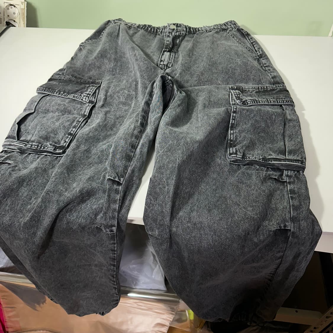 M-L 빈티지 루즈핏 빈티지블랙 워시드 밑단스트링 밴딩 카고팬츠 상품이미지2