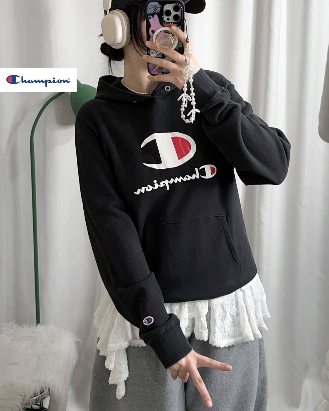 챔피온 블랙 오버핏 후드 티셔츠 상품이미지1