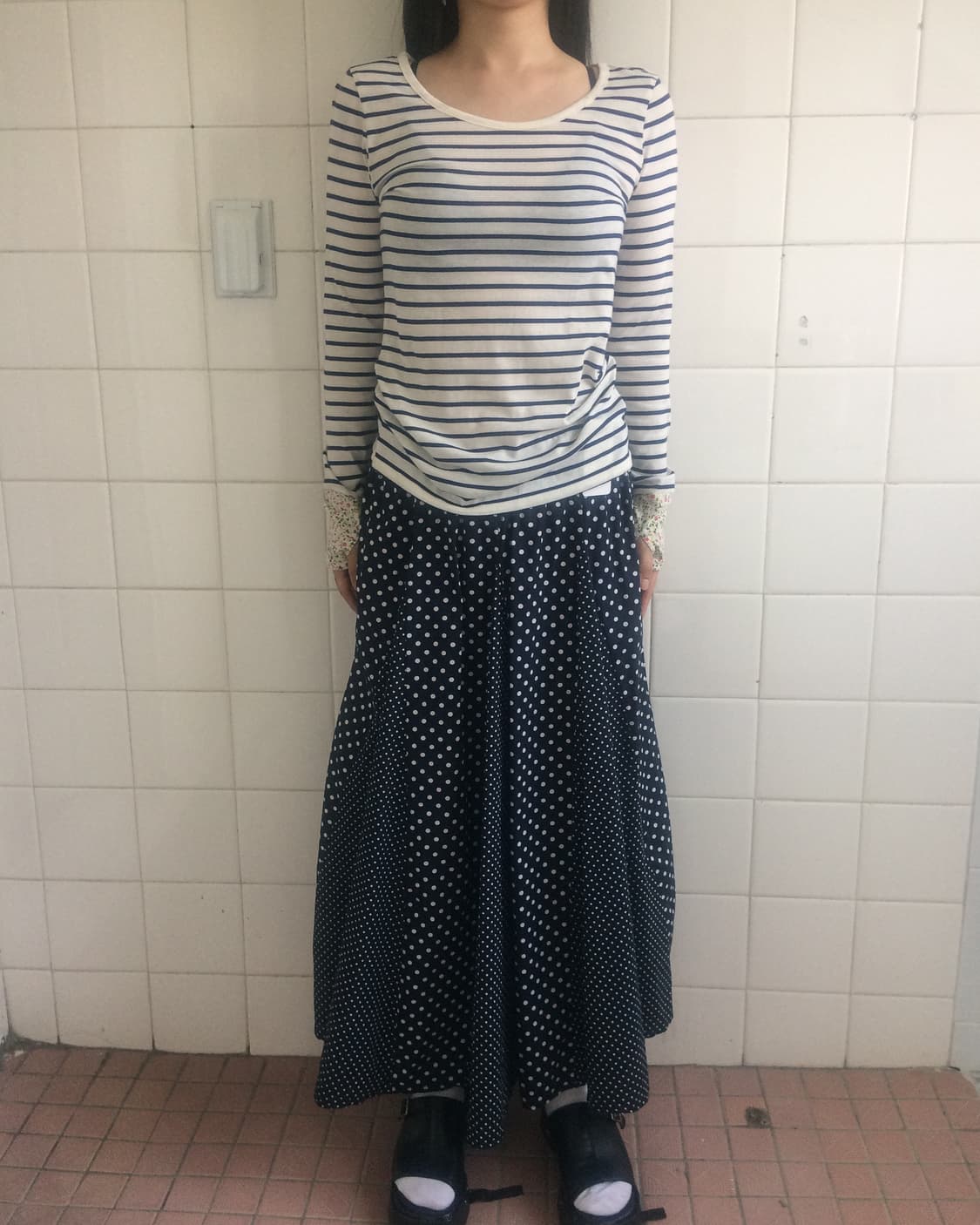 Dot pattern mixed long skirt 상품이미지5