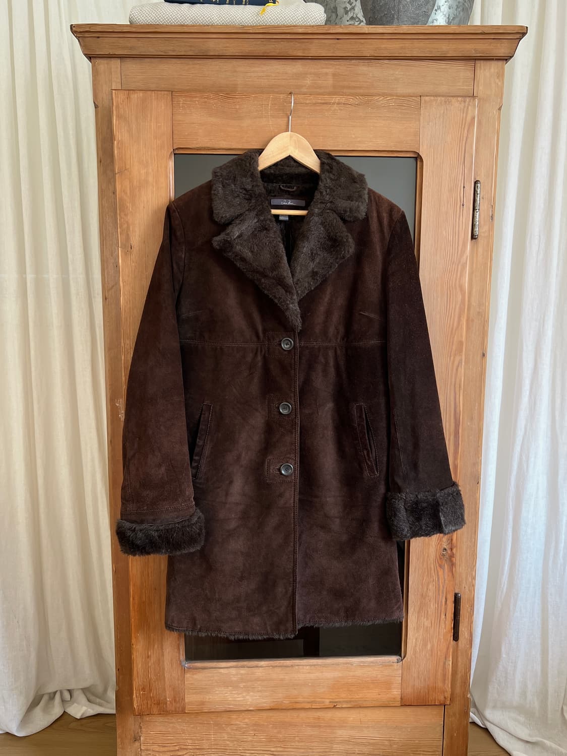 빈티지 다크 브라운 퍼 트리밍 레더 코트 상품이미지1
