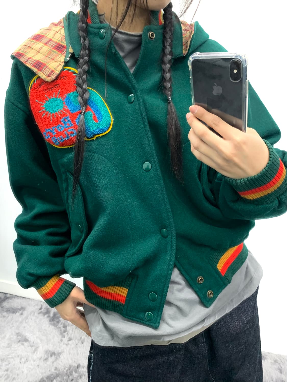 체크 후드 90s 패치 울봄버 상품이미지2