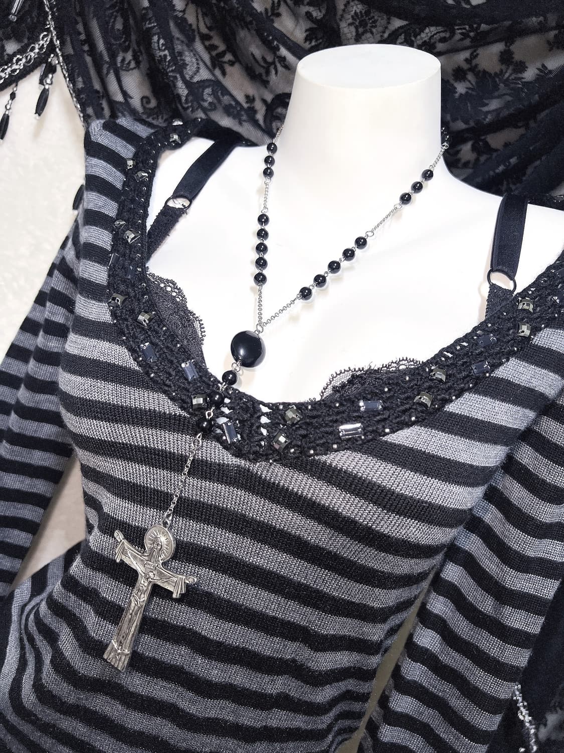 오네갸루 고스펑크 브이넥 스트라이프 비즈 니트 오프숄더 미니원피스 섹시 상품이미지5