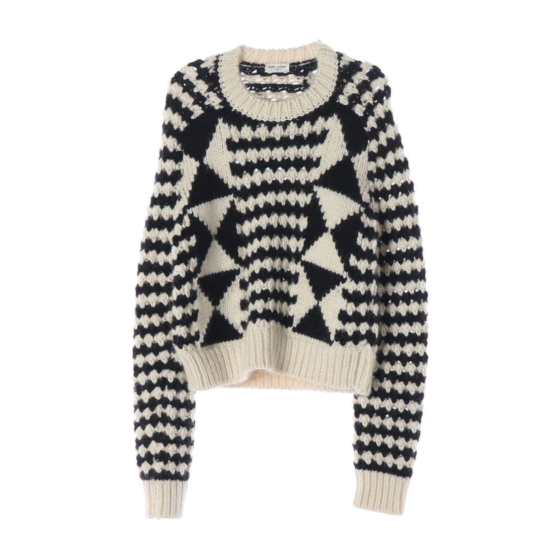 생로랑 스트라이프 다이아몬드 패턴 울 알파카 크루넥 니트 스웨터 상품이미지1