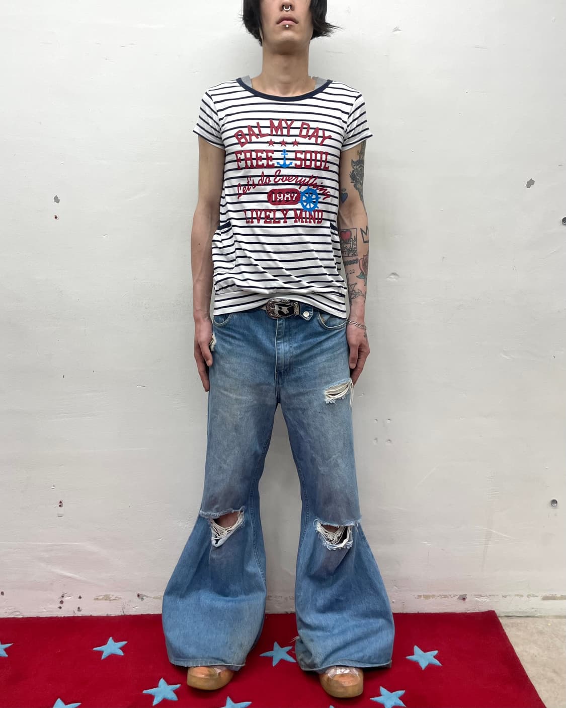 Stripe pocket gray shoulder T-shirt  상품이미지5