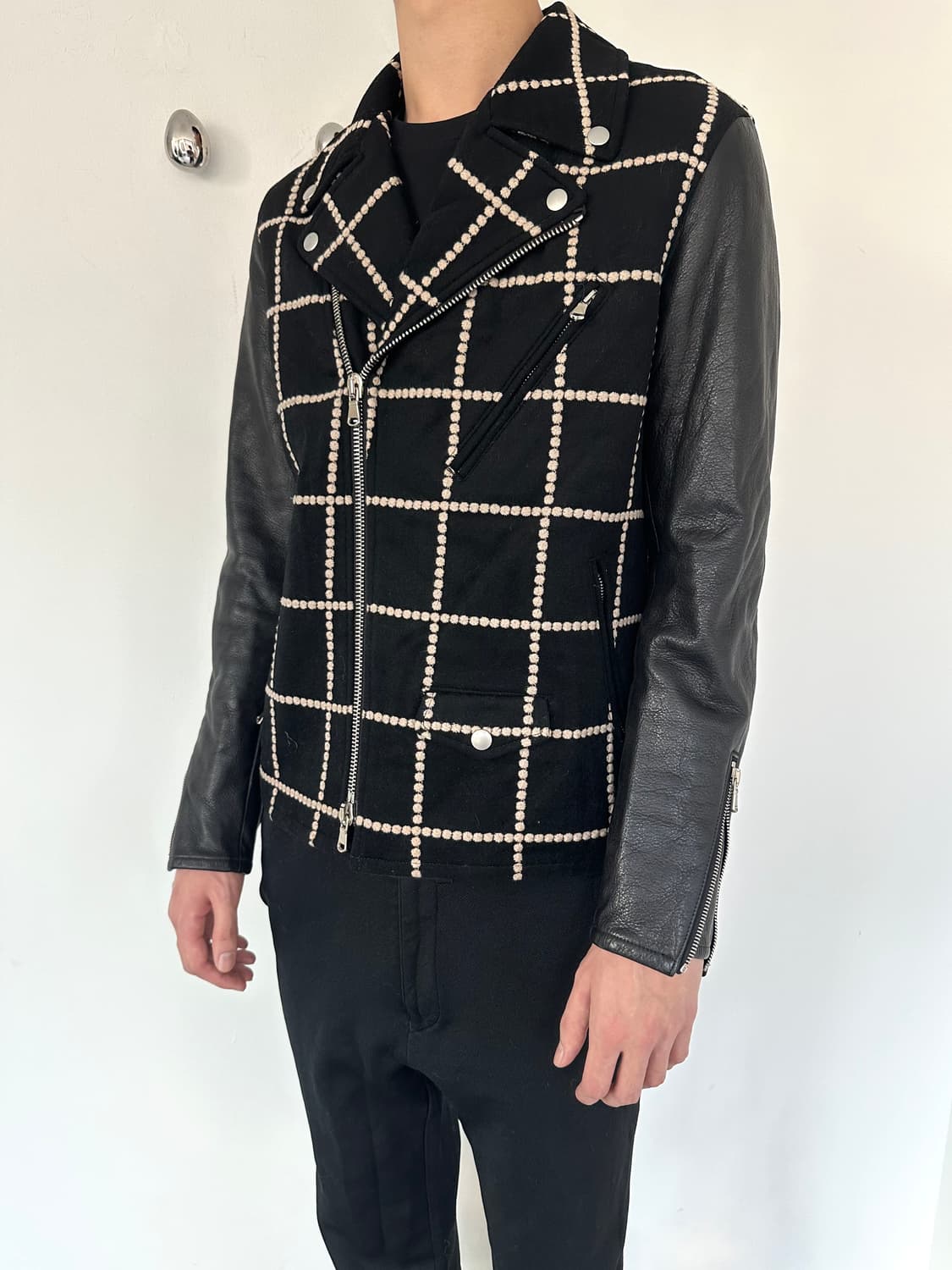 Taakk 타크 자수 체크 레더 라이더 자켓 상품이미지2