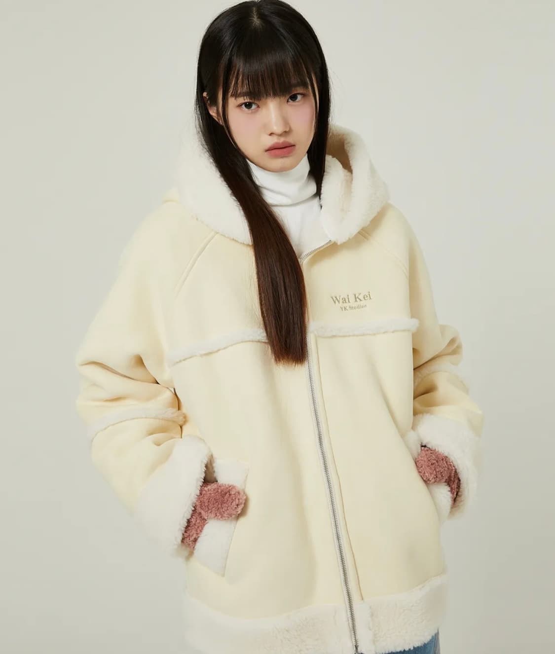 와이케이 비건 후디드 무스탕 코트 크림 1사이즈 상품이미지1