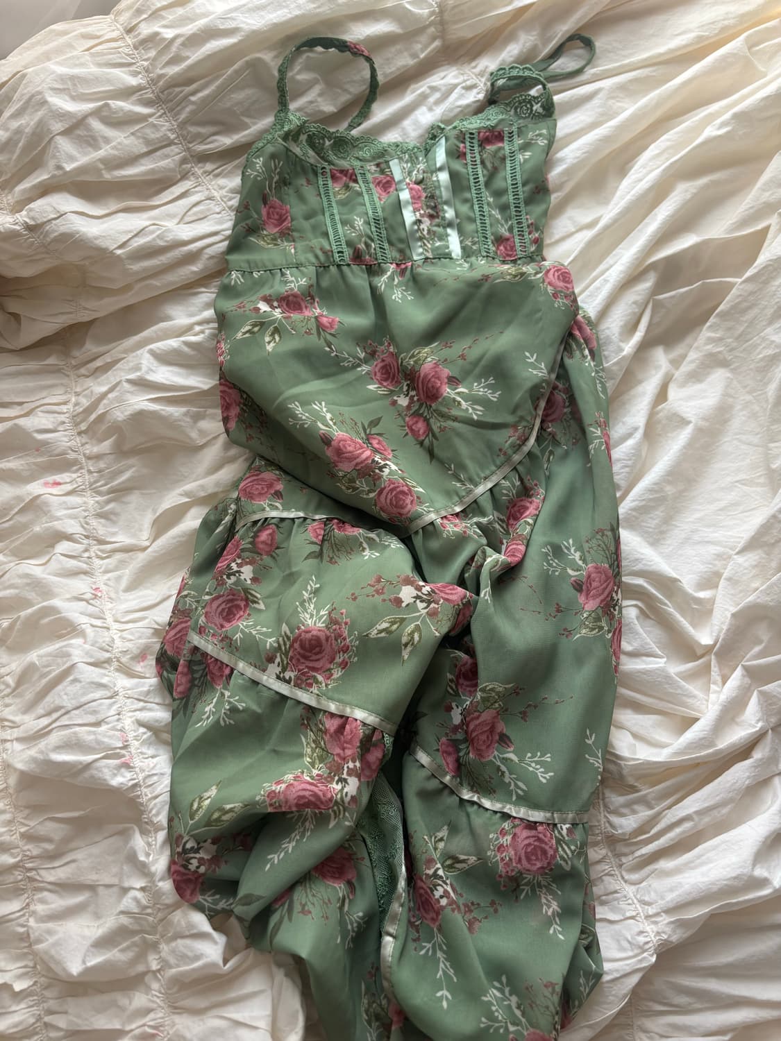 그린 꽃무늬 레이스 롱 원피스 상품이미지4