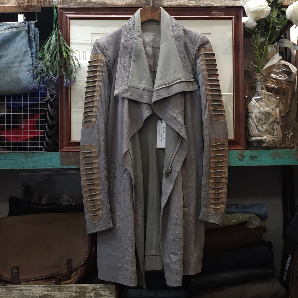 릭오웬스 10FW 아카이브 램스킨 하이넥 레더코트 그레이 42 상품이미지1