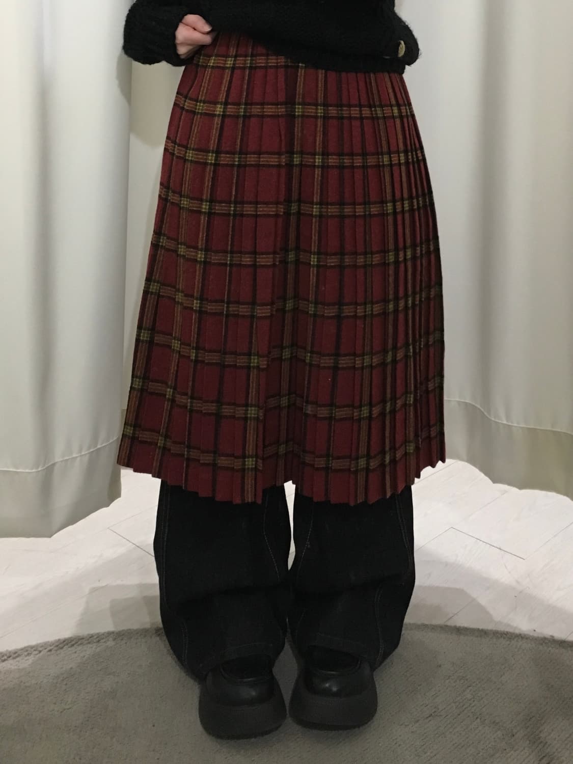 버건디 울 체크 플리츠 스커트 상품이미지1