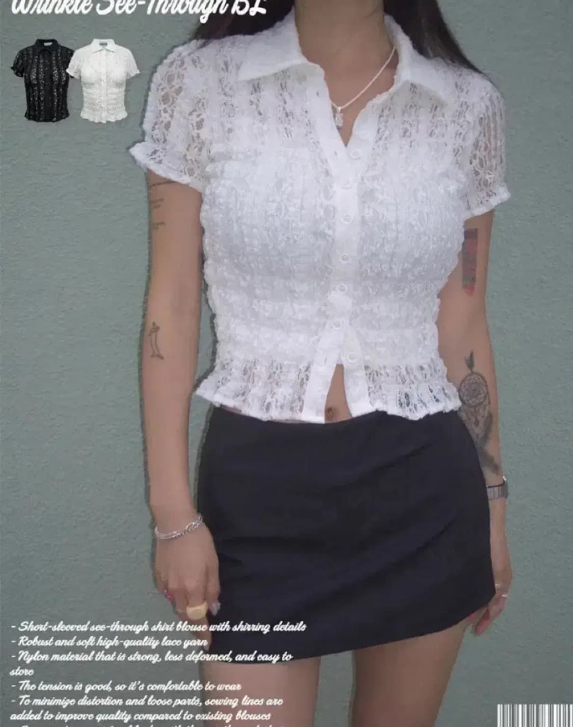 새상품) 페일제이드 링클 시스루 블라우스 블랙 상품이미지1