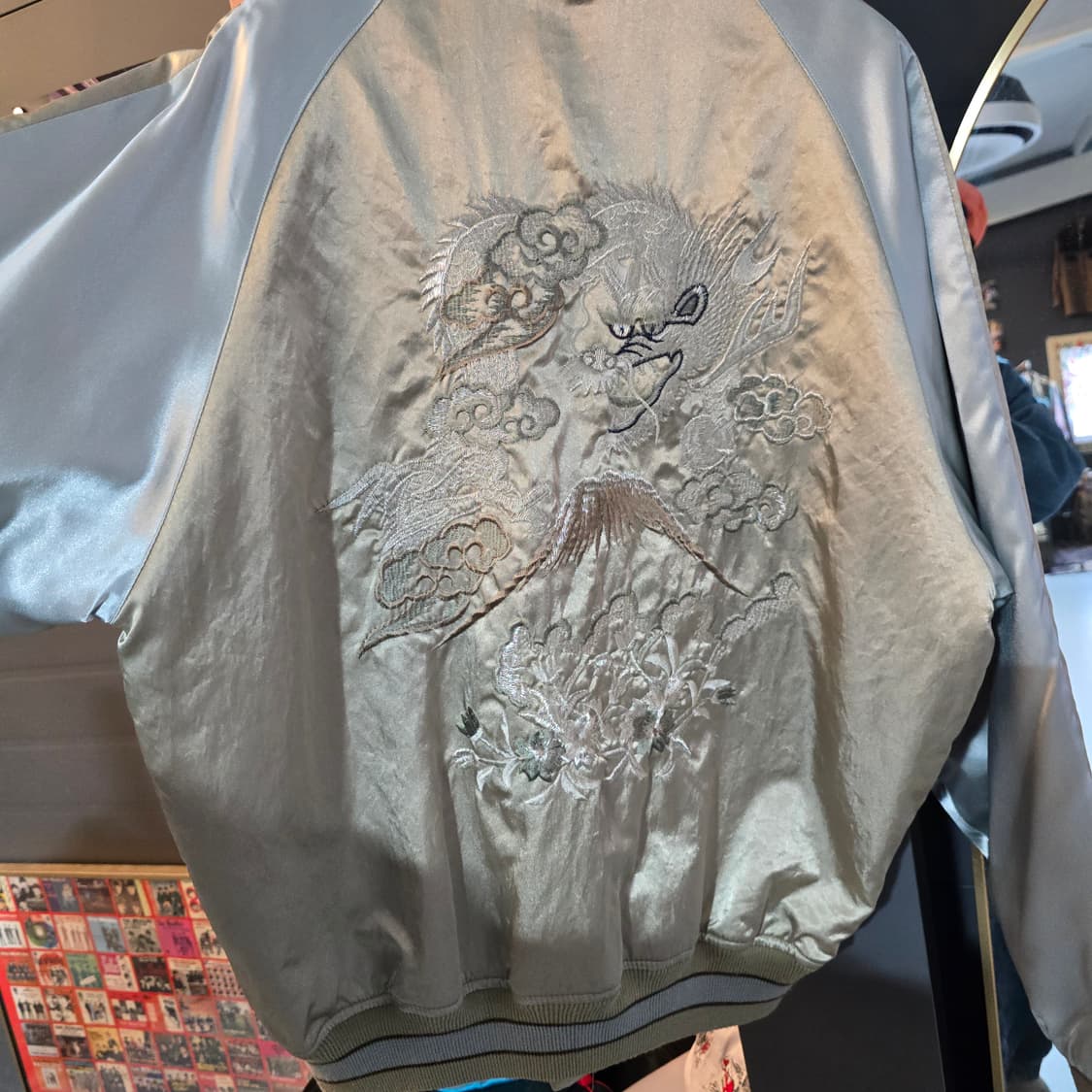 일본 빈티지 스카잔 자켓 용 자수 실버 새틴 양면 자켓 LL 상품이미지10