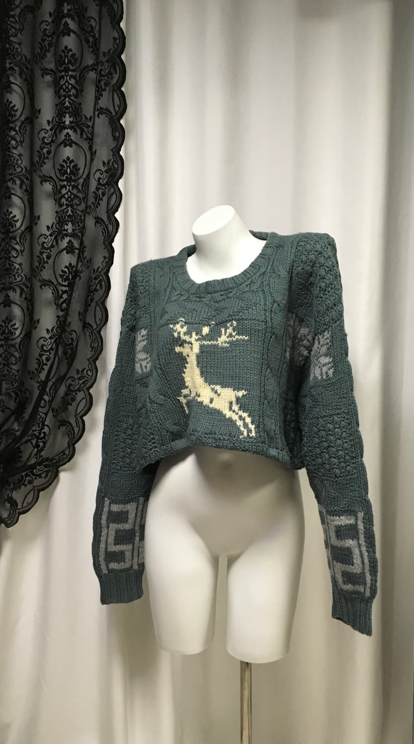 Vintage 커스텀 크롭 사슴 꽈배기 자수니트 틸블루 터콰이즈 청록 상품이미지2