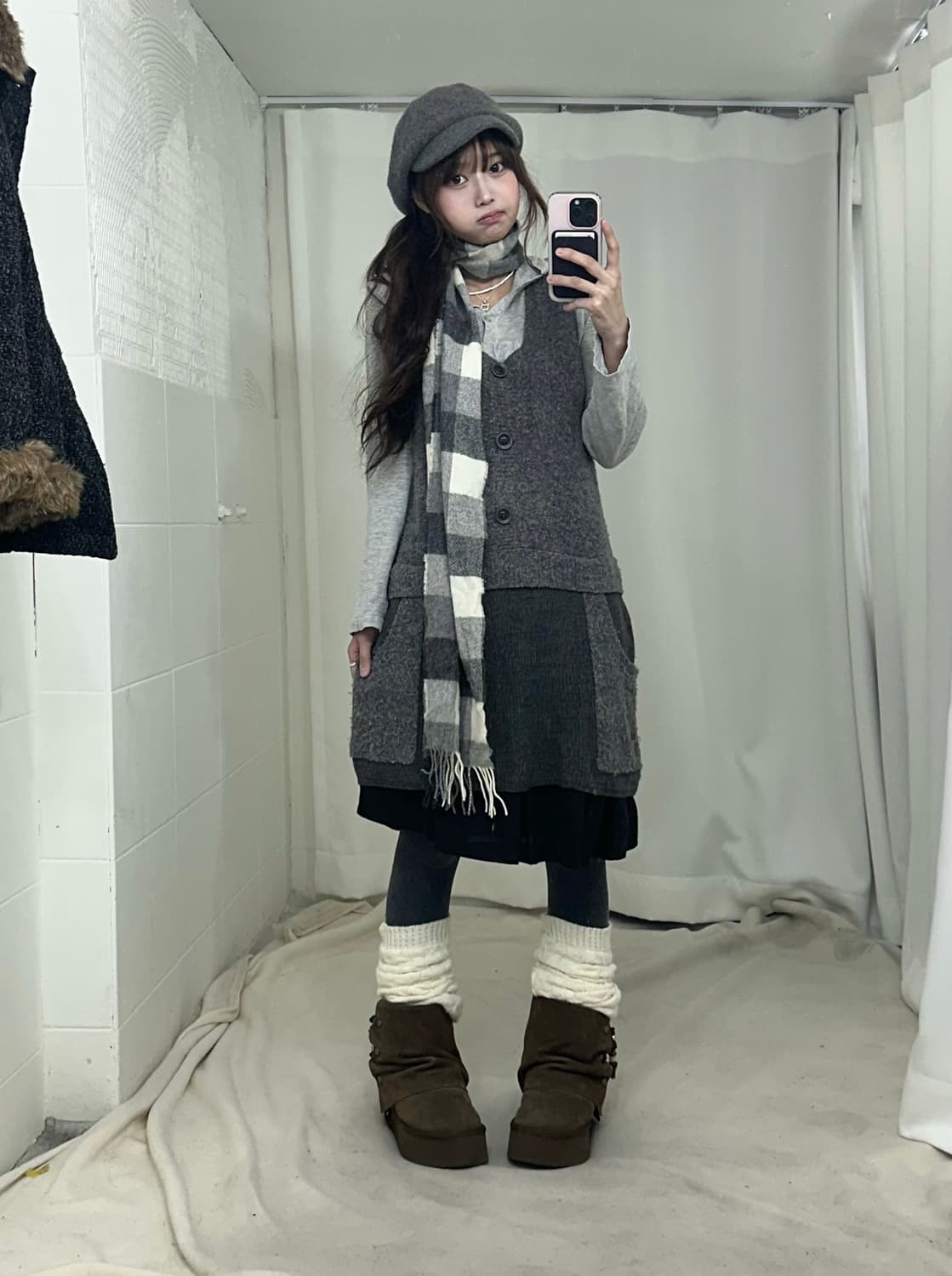 그레이 너드 니혼진 퍼 카라 피코트 코디세트 상품이미지2