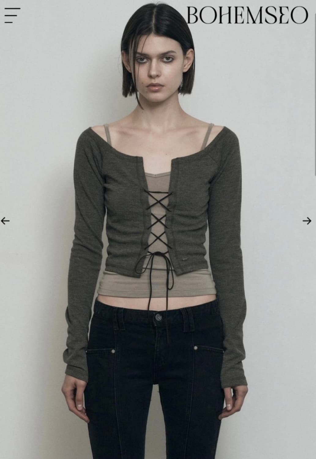 보헤미안서울 아일렛 레이어드 롱슬리브 카키 상품이미지1