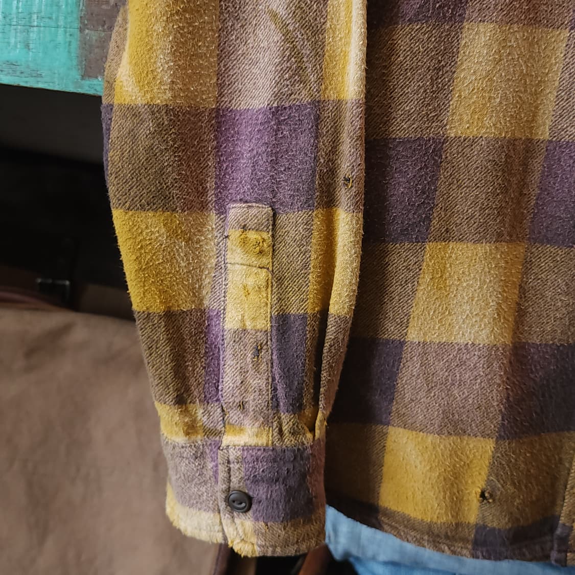 90s 빈티지 체크셔츠 헤비 플란넬 워크셔츠 썬페이딩 퍼플 옐로우 L 상품이미지8