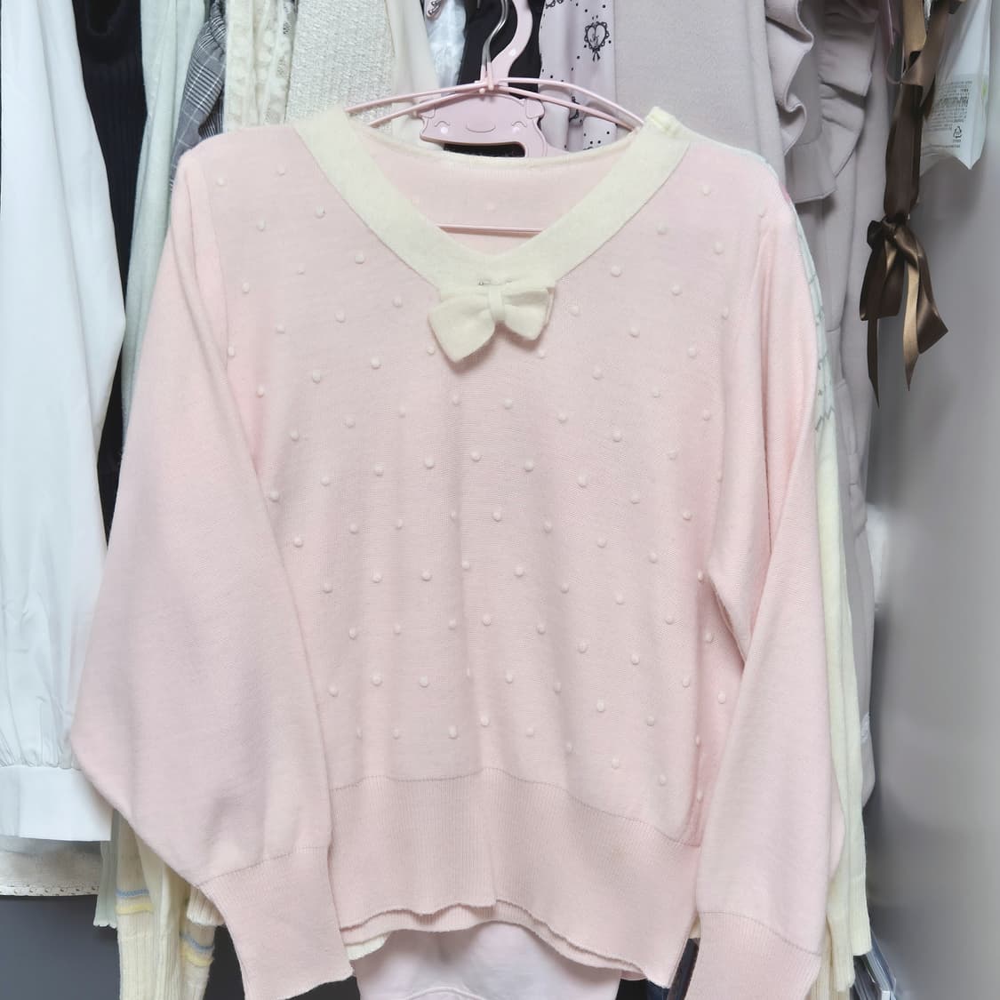 (4벌 일괄가)리본 도트 눈송이 니트 가디건 나시 라떼갸루 러블리 모리걸 상품이미지2