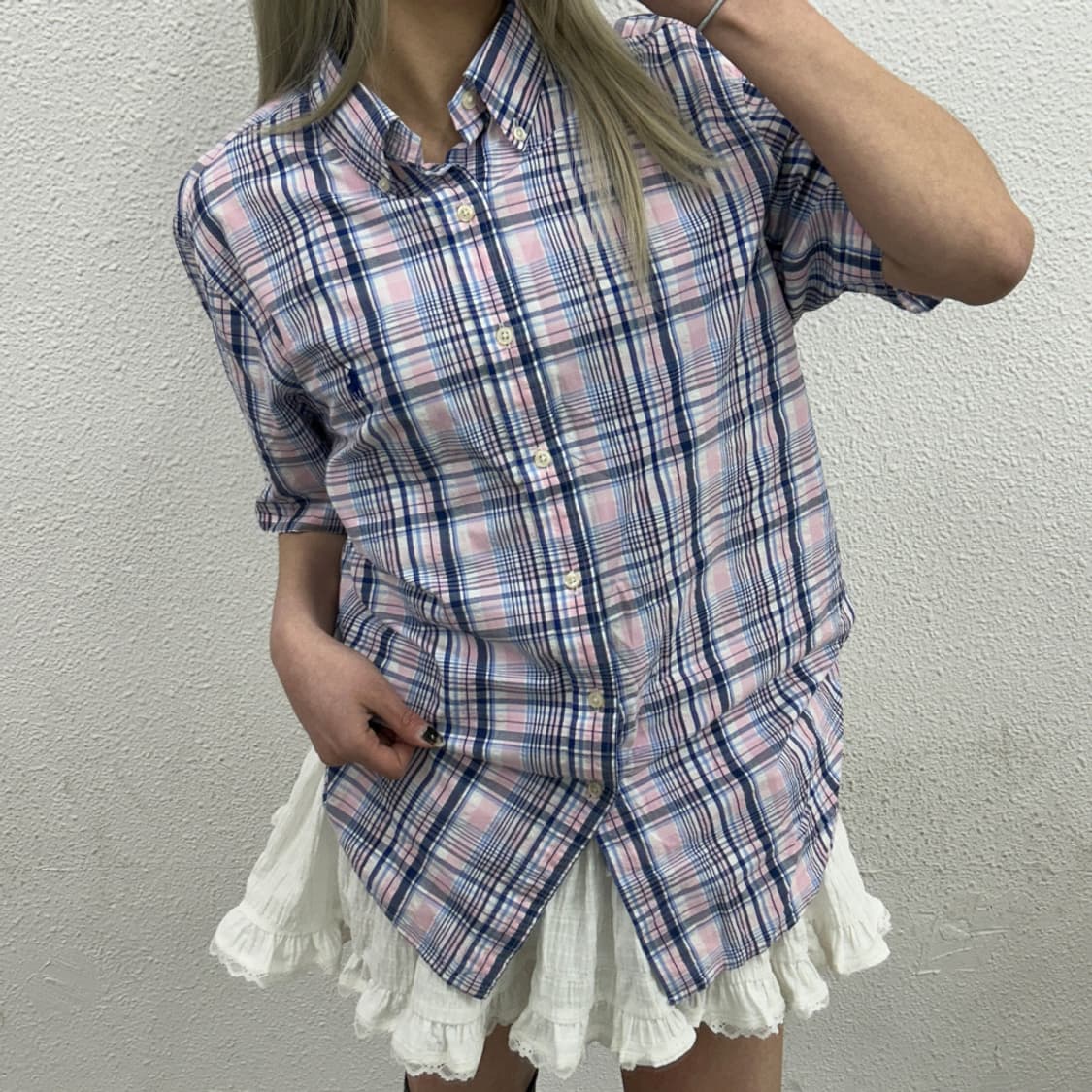 폴로 랄프로렌 네이비포니 딸기우유맛 시어서커 체크 반팔 셔츠 L 상품이미지1