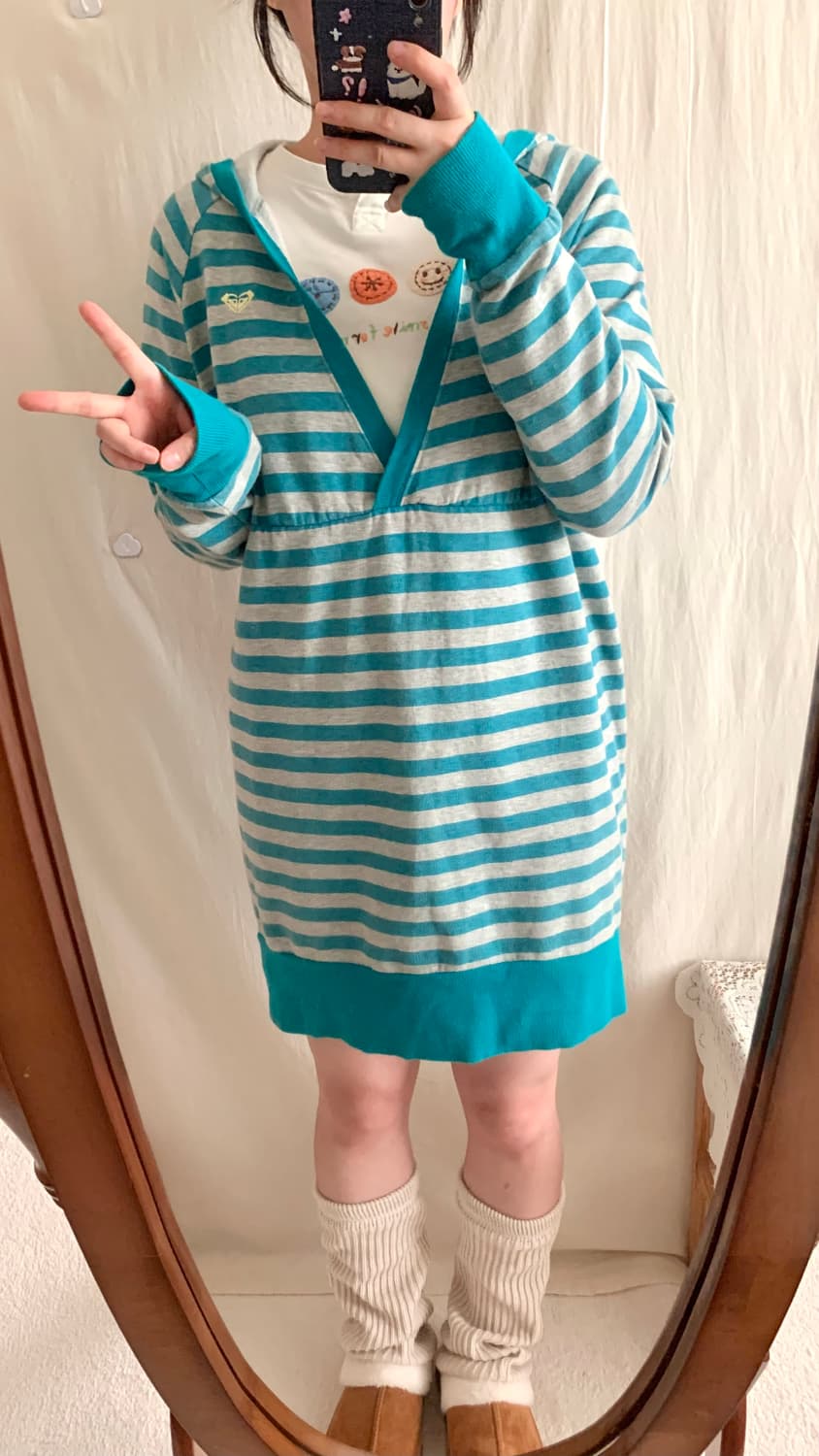 하구미 기모 스트라이프 후드 원피스 상품이미지3