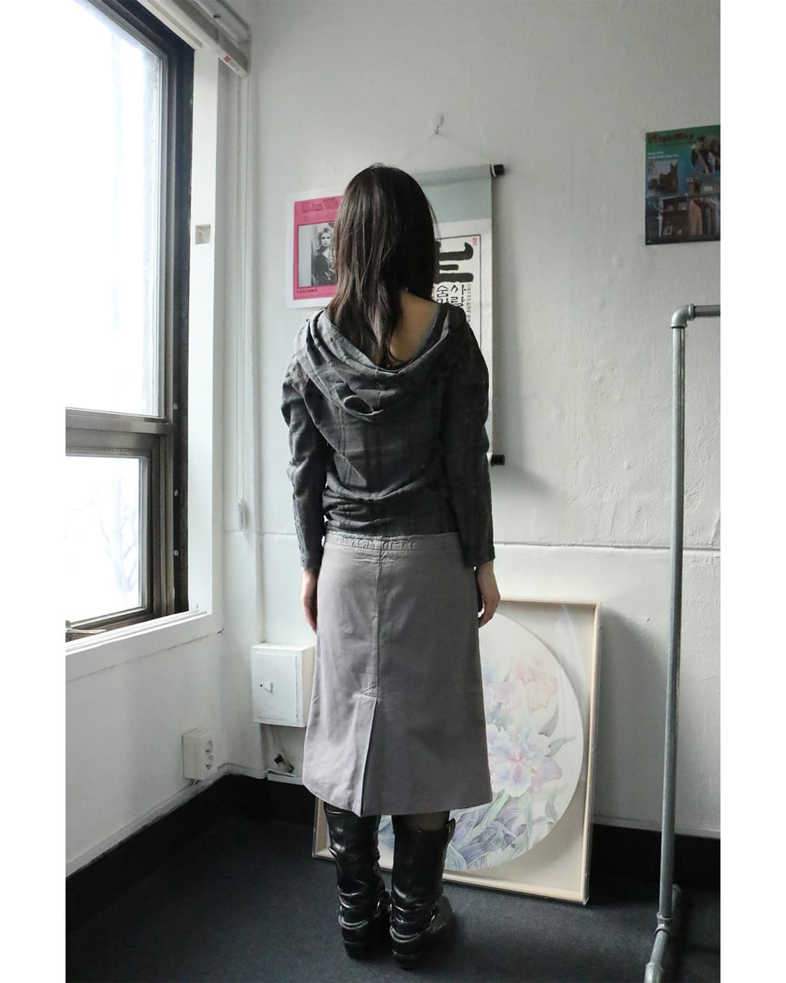 요지 야마모토 느와르 체크 후드 드레이프 탑  상품이미지1