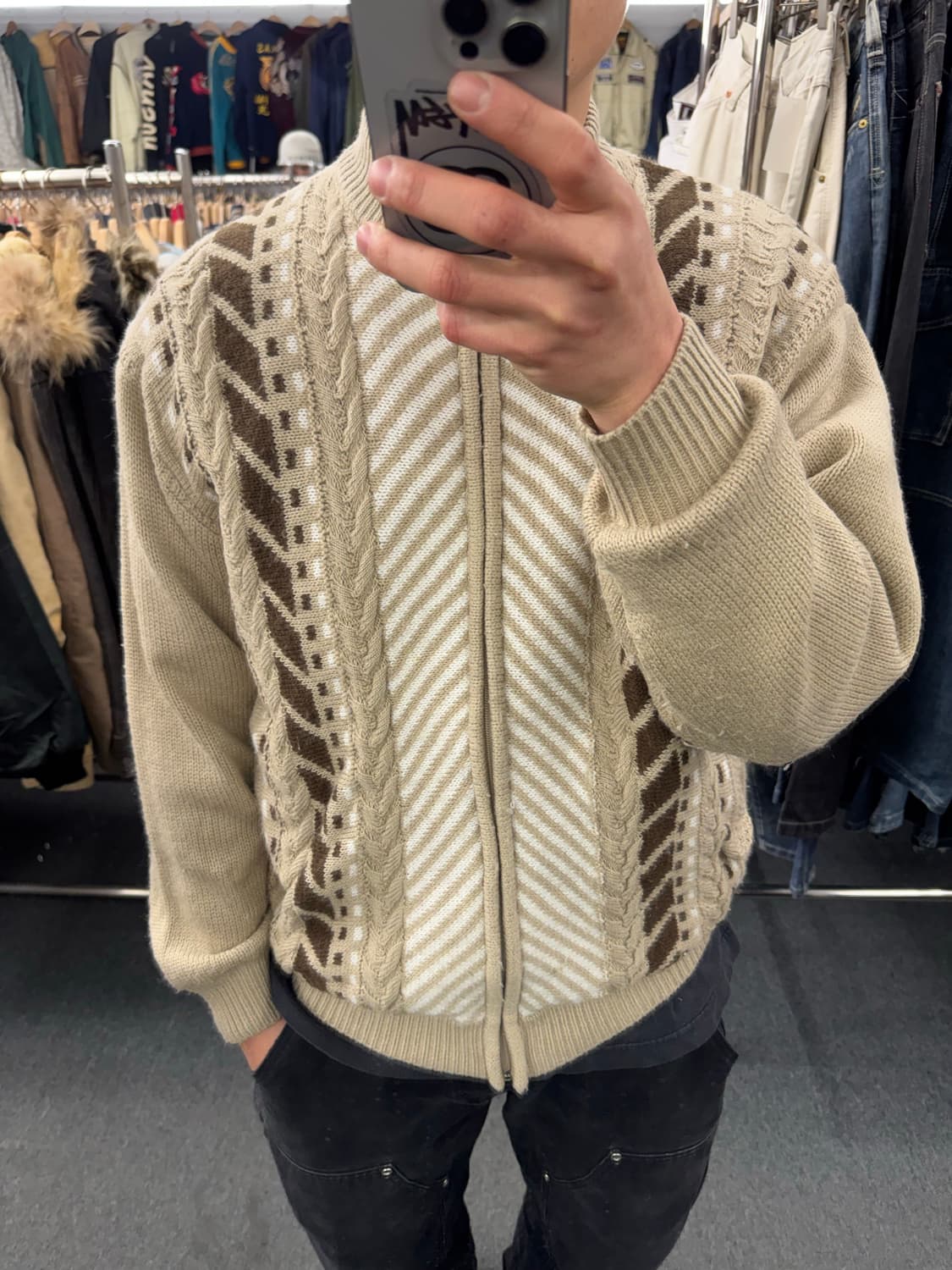 L)Japanese vintage 패턴 베이지 니트집업 상품이미지1